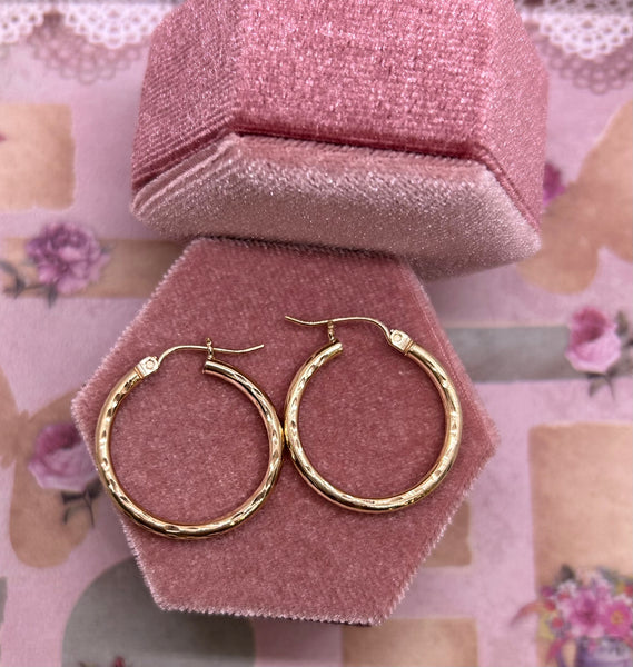 10K Yellow Gold textured hoops