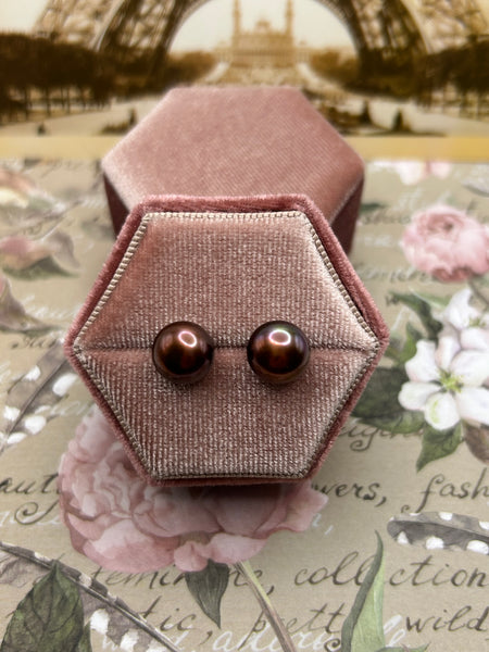 14K Gold Brown Freshwater Pearl Stud Earrings
