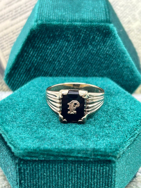 10K Yellow Gold Black Onyx Initial "P" Ring