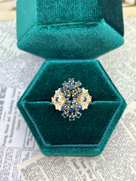 14K Blue Sapphire Cluster Flower Design Ring