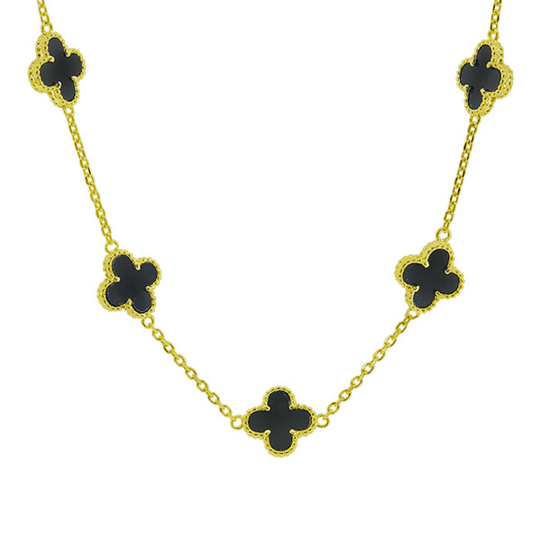 Sterling Silver Black Agate Clover Necklace - 18"