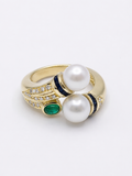 18K Gold Pearl, Emerald, Sapphire & Diamond Ring