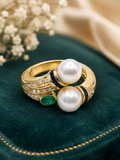 18K Gold Pearl, Emerald, Sapphire & Diamond Ring