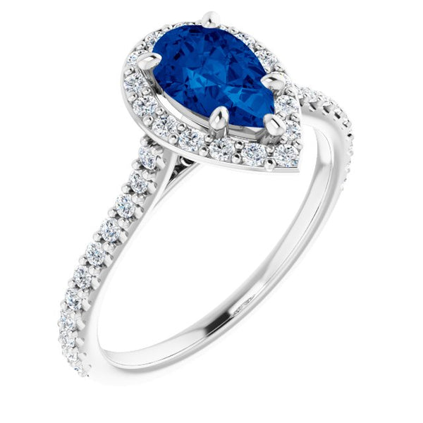 14K White Gold Sapphire (8x5 mm) Pear & Diamond 0.42ctw Engagement Ring