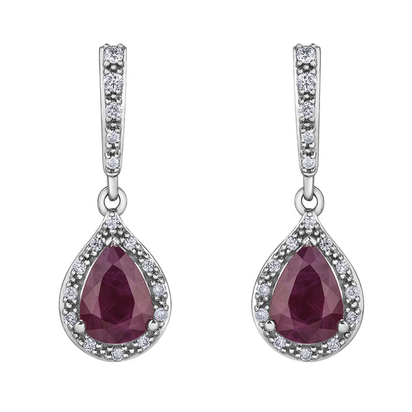 10K White Gold, Ruby and Diamond Drop Earrings