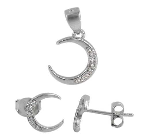 Sterling Silver CZ Crescent Earring & Pendant Set